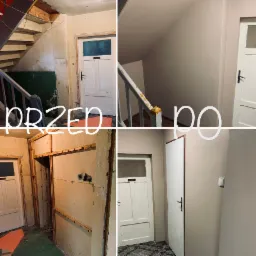 Klatka schodowa przed i po odświeżeniu: ściany i schody odmalowane na jasny, neutralny kolor, widoczne różnice w stanie ścian i poręczy przed i po pracach.