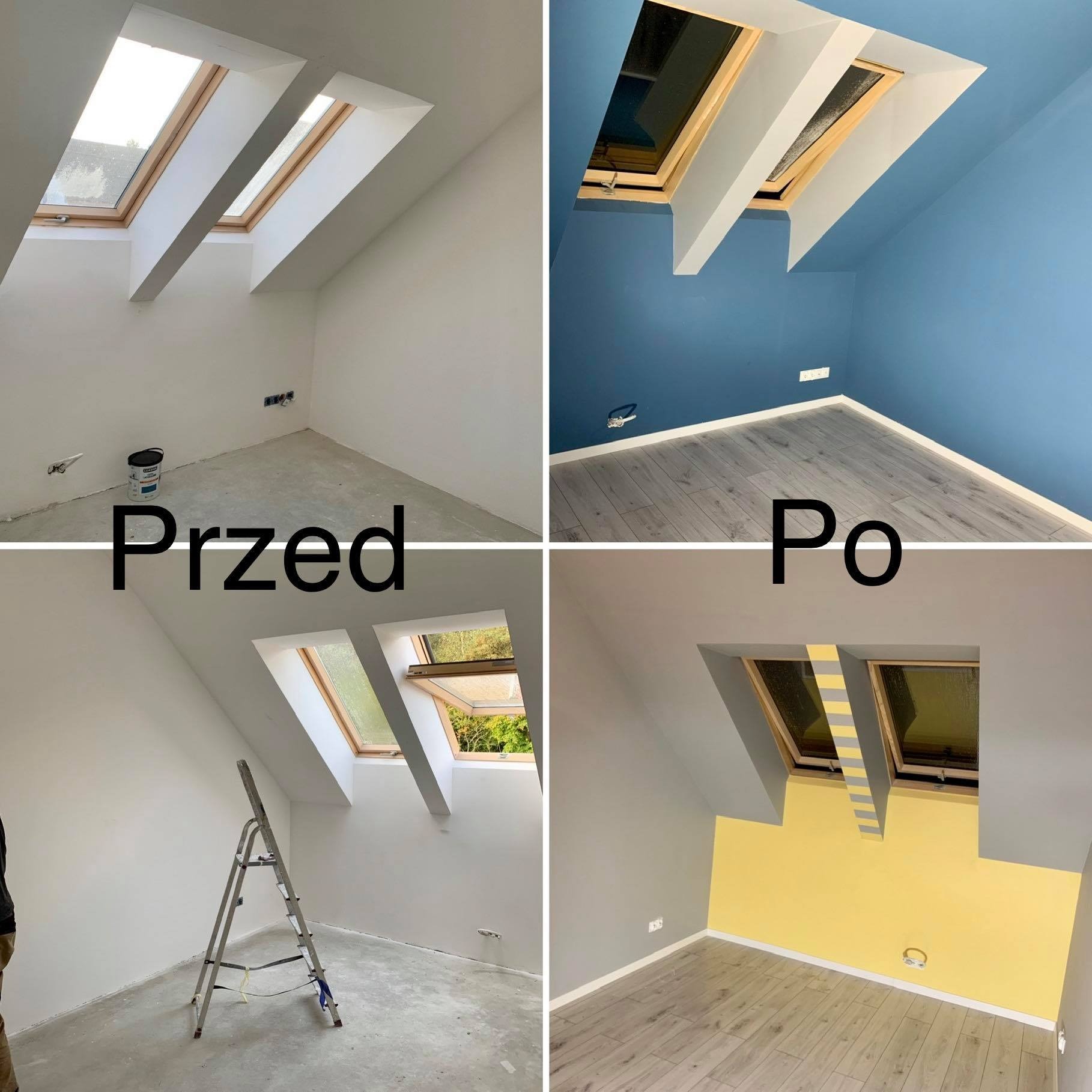 Kolaż przedstawiający pokój na poddaszu przed i po zmianie koloru ścian, z oknami dachowymi i różnymi kolorami farb: biały, niebieski, szary i żółty.
