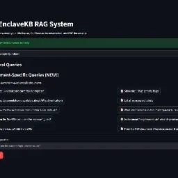 Interfejs RAG System EnclaveKB z pytaniami o JIRA, Confluence i PDF. Wyświetla przykładowe zapytania ogólne i specyficzne dla dokumentów. Dostępna opcja wgrywania plików.