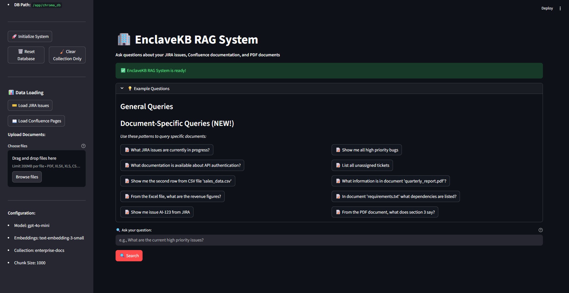 Interfejs RAG System EnclaveKB z pytaniami o JIRA, Confluence i PDF. Wyświetla przykładowe zapytania ogólne i specyficzne dla dokumentów. Dostępna opcja wgrywania plików.