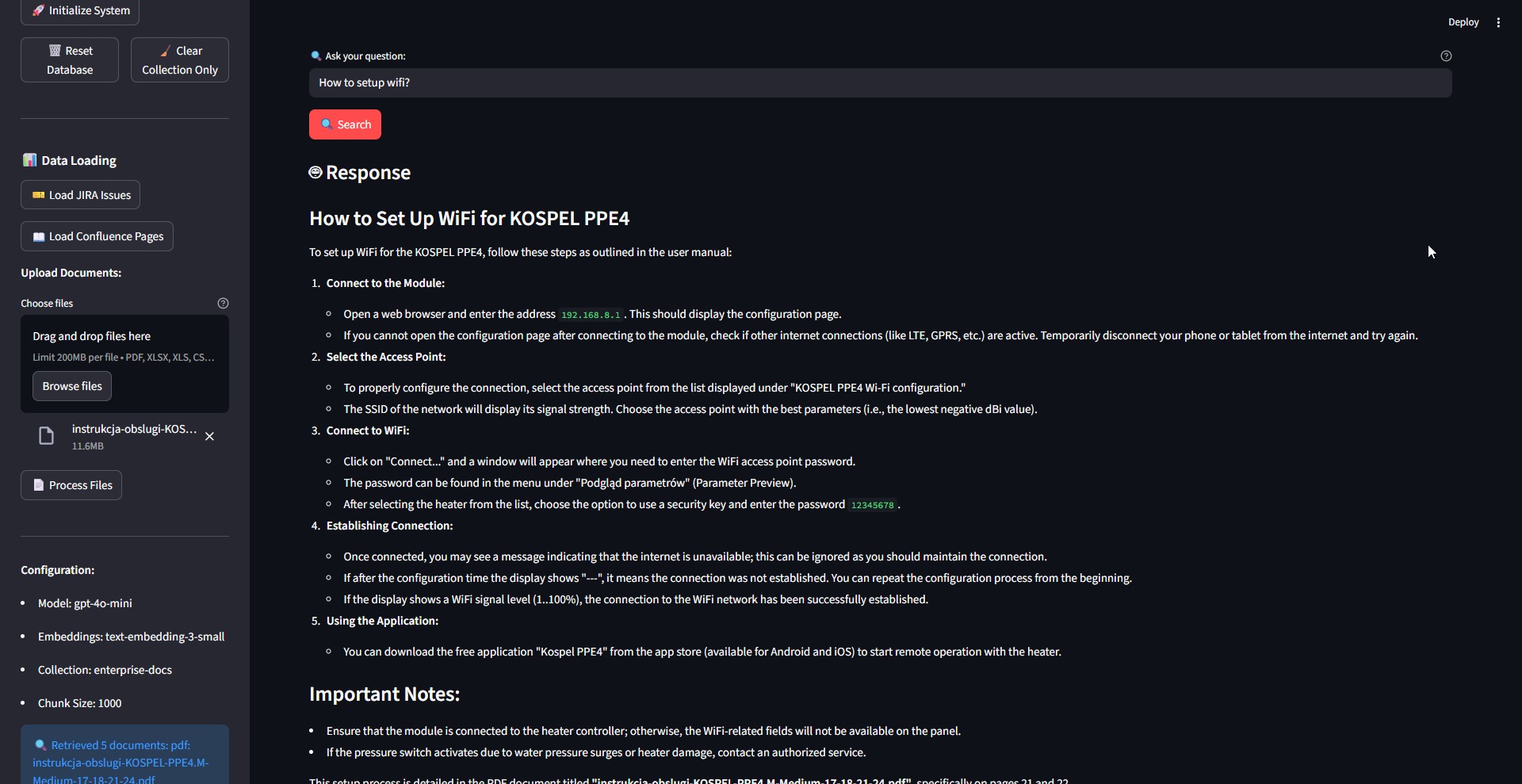 Instrukcja konfiguracji WiFi dla urządzenia KOSPEL PPE4, z listą kroków i konfiguracją. Widoczny adres IP i wskazówki dotyczące połączenia. Dokumentacja techniczna.