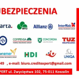 Logotypy różnych firm ubezpieczeniowych, w tym Generali, Warta, Allianz, PZU, Compensa, Concordia, Uniqua, oraz informacja o tanich ubezpieczeniach OC/AC dla domów, mieszkań, firm, rolników, NNW...