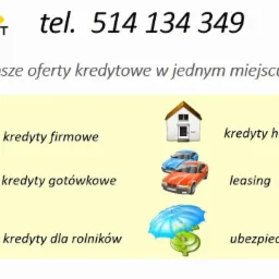 Ilustracja przedstawiająca ofertę usług finansowych, w tym kredytów firmowych, gotówkowych, hipotecznych, leasingu i ubezpieczeń, z logo Credit Expert i numerem telefonu.