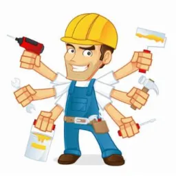 Karykatura uśmiechniętego majstra w kasku, trzymającego narzędzia: wiertarkę, pędzel, młotek, śrubokręt, klucz i puszkę z farbą. Symbol wielozadaniowości.