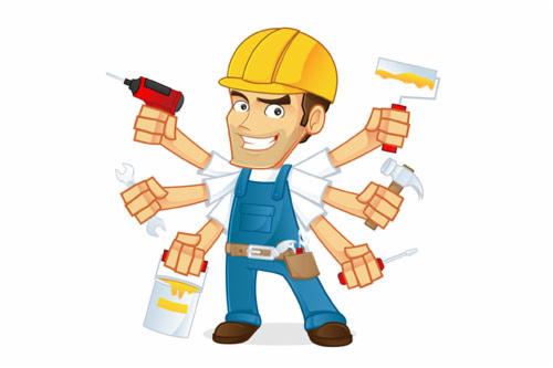 Karykatura uśmiechniętego majstra w kasku, trzymającego narzędzia: wiertarkę, pędzel, młotek, śrubokręt, klucz i puszkę z farbą. Symbol wielozadaniowości.