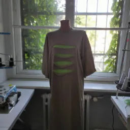 Beżowa sukienka z zielonymi aplikacjami na manekinie krawieckim, w tle okno z widoczną zielenią i maszyna do szycia.