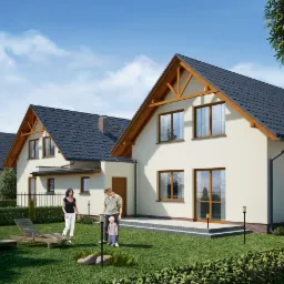 Wizualizacja szeregu domów bliźniaczych z ciemnymi dachami, drewnianą stolarką okienną i jasną elewacją, z rodziną stojącą na trawniku przed jednym z nich.