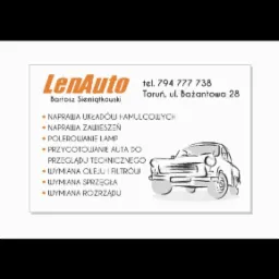 Wizytówka firmy LenAuto z Torunia, oferującej naprawę układów hamulcowych, zawieszeń, polerowanie lamp, przygotowanie auta do przeglądu technicznego, wymianę oleju i filtrów, sprzęgła oraz rozrządu...