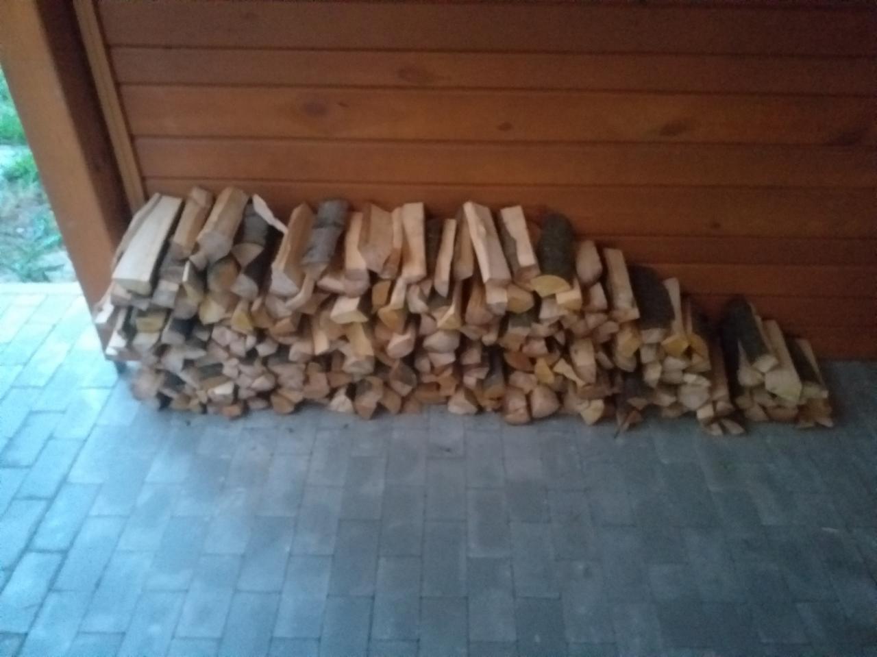 Ułożony stos pociętego drewna opałowego na szarym brukowanym podłożu, przylegający do drewnianej ściany z desek.