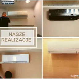 Kompozycja czterech ujęć klimatyzatorów różnych marek (LG, Mitsubishi) zamontowanych na ścianach wewnątrz pomieszczeń, z napisem 'Nasze Realizacje' nałożonym na jedno z ujęć oraz logo firmy...