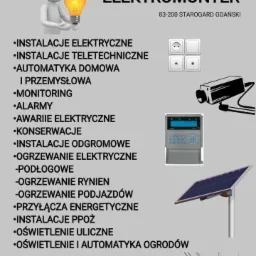 Grafika reklamowa firmy Elektromonter z Starogardu Gdańskiego, prezentująca ofertę usług: instalacje elektryczne, teletechniczne, automatyka domowa i przemysłowa, monitoring, alarmy, awarie...