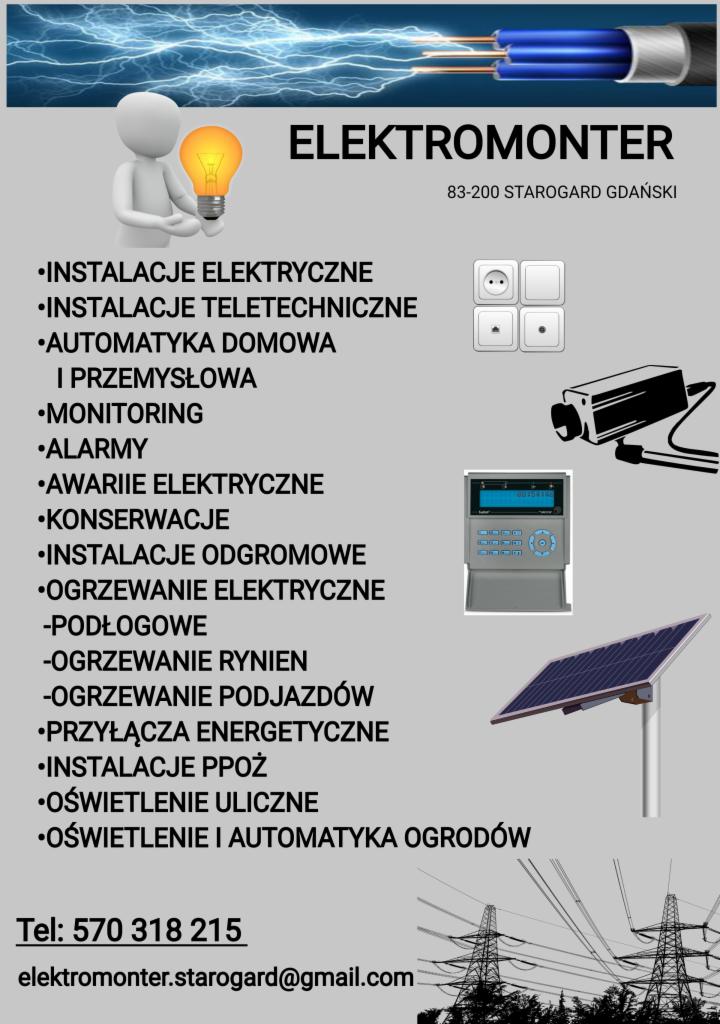 Grafika reklamowa firmy Elektromonter z Starogardu Gdańskiego, prezentująca ofertę usług: instalacje elektryczne, teletechniczne, automatyka domowa i przemysłowa, monitoring, alarmy, awarie...