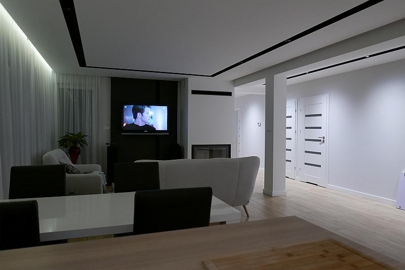 Nowoczesny salon z białym sufitem podwieszanym z czarnymi listwami oświetleniowymi, drewnianą podłogą i minimalistycznymi białymi drzwiami z poziomymi przeszkleniami.