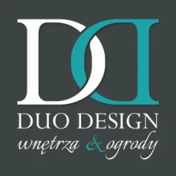 Logo firmy Duo Design: splecione litery D w kolorach białym i turkusowym, z napisem 'wnętrza & ogrody' poniżej.
