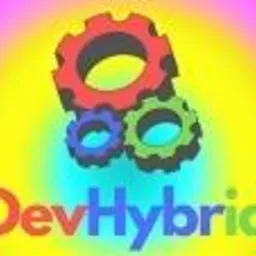 Logo firmy DevHybrid z trzema stylizowanymi kołami zębatymi w kolorach czerwonym, niebieskim i zielonym na rozmytym, tęczowym tle.