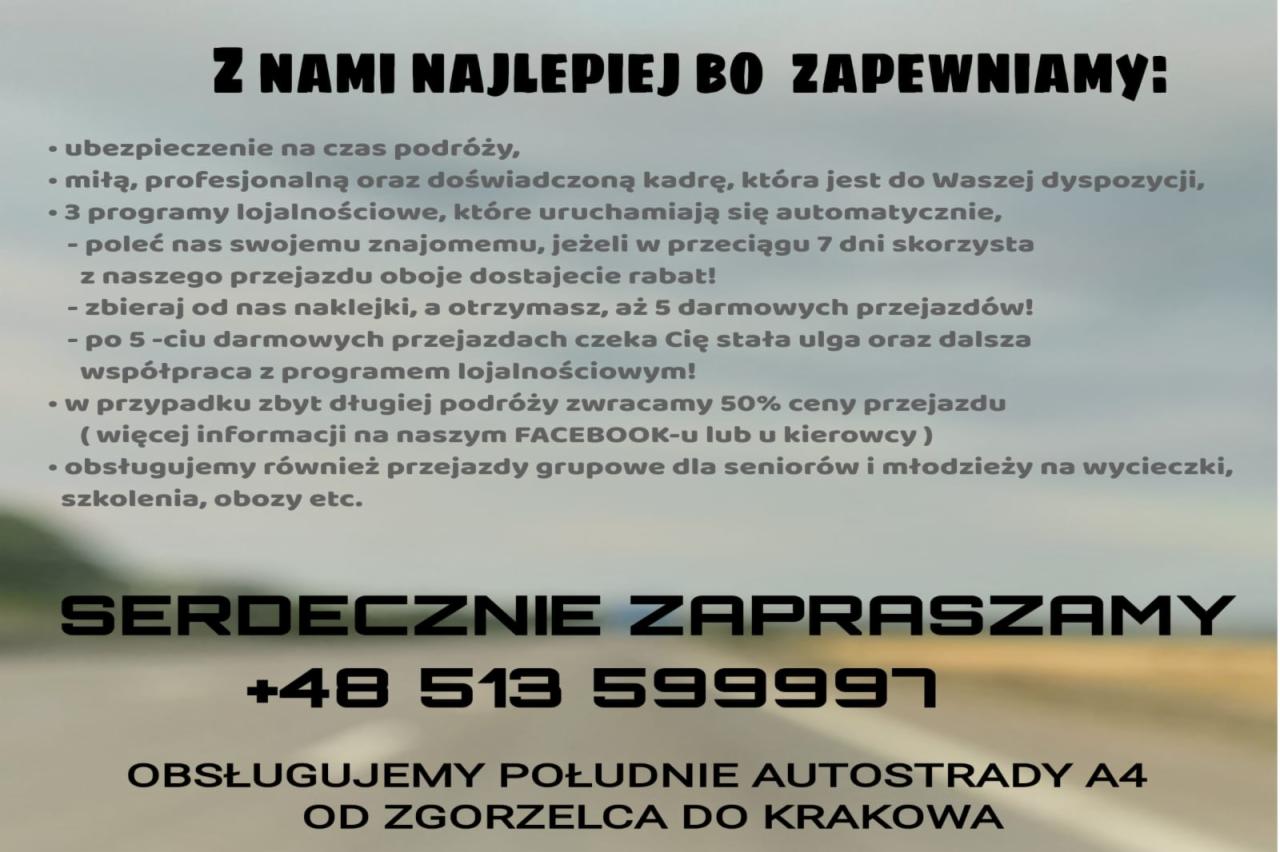 Ogłoszenie firmy transportowej oferującej ubezpieczenie na czas podróży, programy lojalnościowe, rabaty za polecenia, zwrot 50% ceny za zbyt długą podróż, przejazdy grupowe dla seniorów i młodzieży...