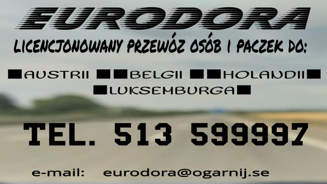 Naklejka reklamowa na szybie pojazdu z informacją o licencjonowanym przewozie osób i paczek do Austrii, Belgii, Holandii i Luksemburga, numerem telefonu i adresem e-mail firmy Eurodora.