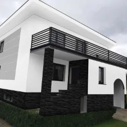 Wizualizacja dwupiętrowego domu z płaskim dachem, białymi ścianami i czarną okładziną z kamienia łupkowego na parterze, balkon z czarną, poziomą balustradą.