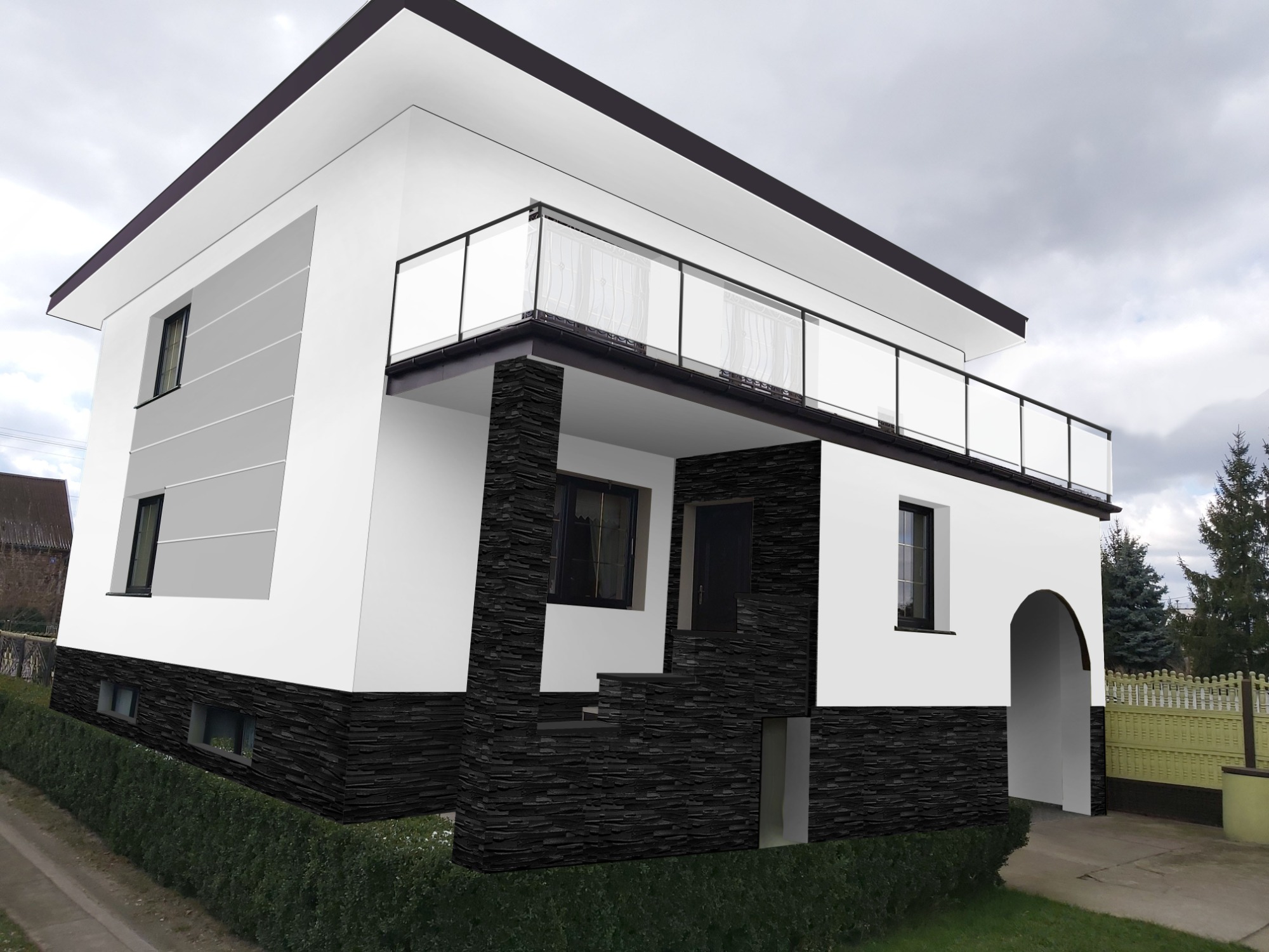 Wizualizacja dwukondygnacyjnego domu z białymi ścianami, czarnym dachem i kamienną okładziną na dolnej części elewacji, balkon z przezroczystymi balustradami.