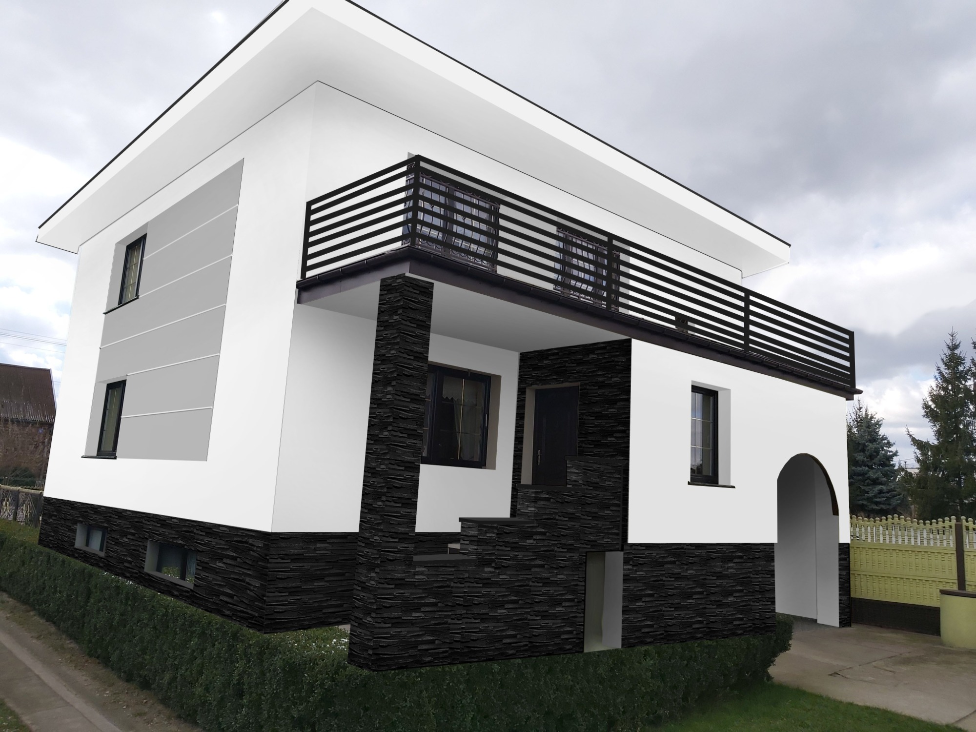 Wizualizacja dwupiętrowego domu z płaskim dachem, białymi ścianami i czarną okładziną z kamienia łupkowego na parterze, balkon z czarną, poziomą balustradą.