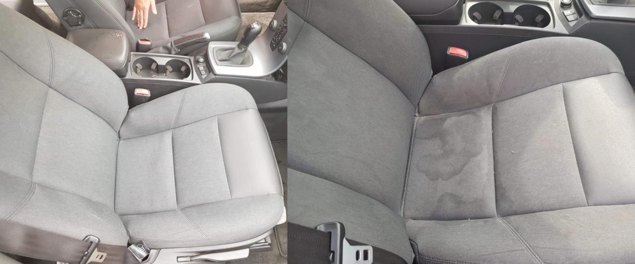 Fotografia przedstawia porównanie fotela samochodowego przed i po czyszczeniu, uwidaczniając plamy i zabrudzenia przed zabiegiem oraz czystą tapicerkę po nim.