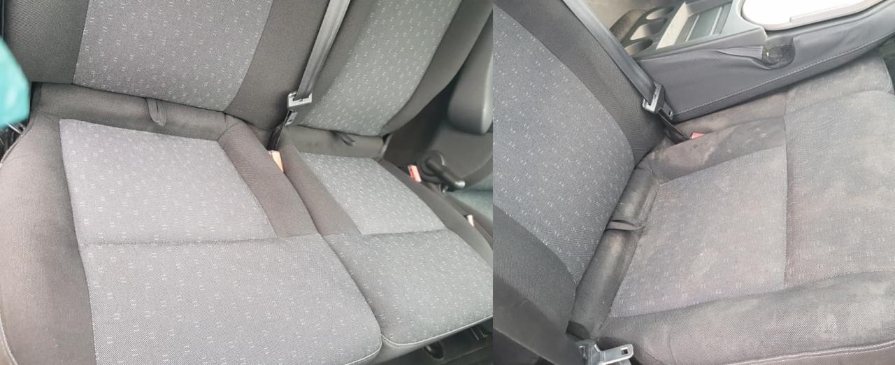 Porównanie: tapicerka samochodowa przed i po czyszczeniu, widoczne różnice w odcieniu i plamy usunięte.