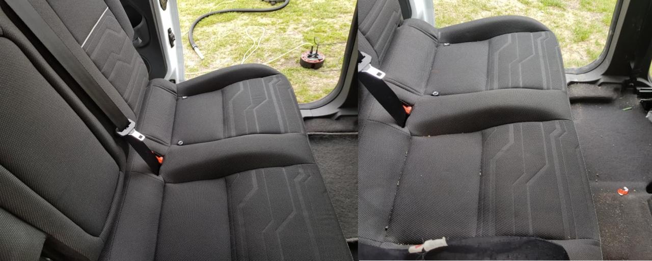 Porównanie tylnej kanapy samochodu przed i po praniu tapicerki, widoczne różnice w czystości materiału i usunięte zabrudzenia.