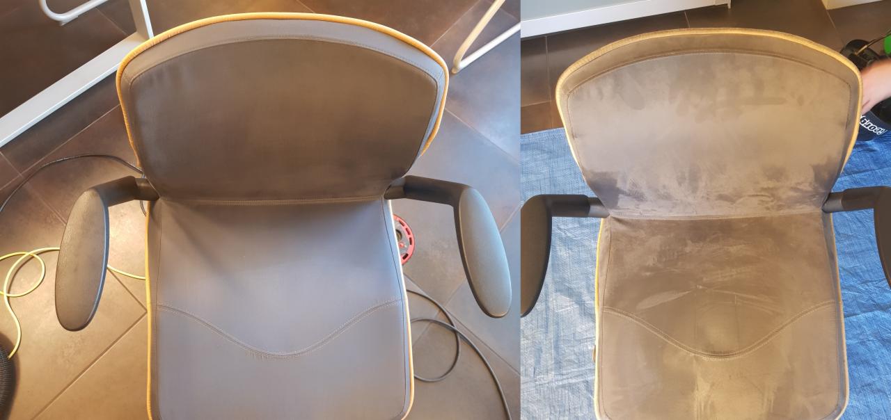 Porównanie fotela biurowego przed i po czyszczeniu tapicerki, widoczne wyraźne różnice w kolorze i czystości materiału.