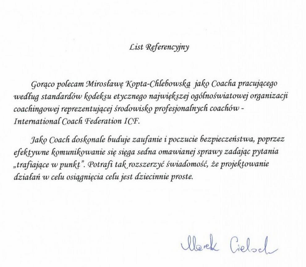 Skan listu referencyjnego z rekomendacją dla coacha, wystawiony przez Marka Cieloch, z tekstem o budowaniu zaufania i efektywnej komunikacji.