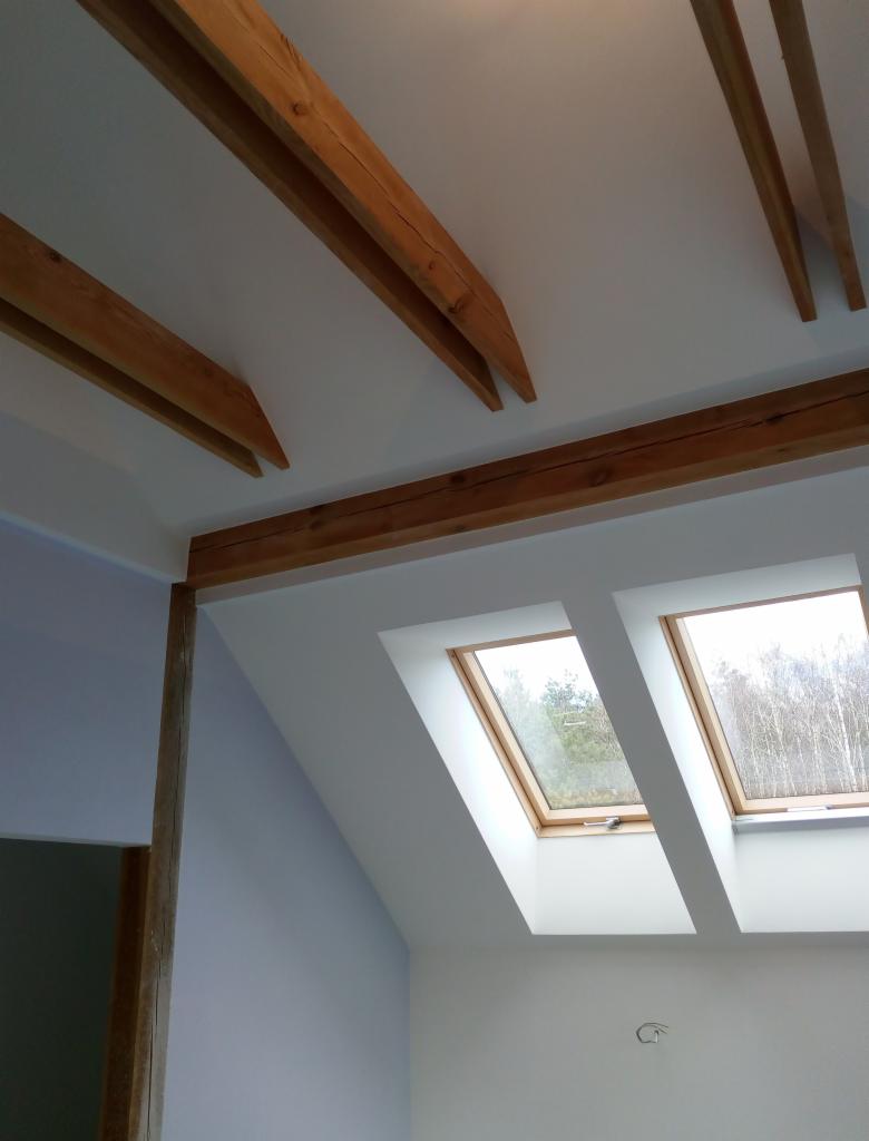 Poddasze z drewnianymi belkami stropowymi i dwoma oknami dachowymi z drewnianymi ramami, widok na las.