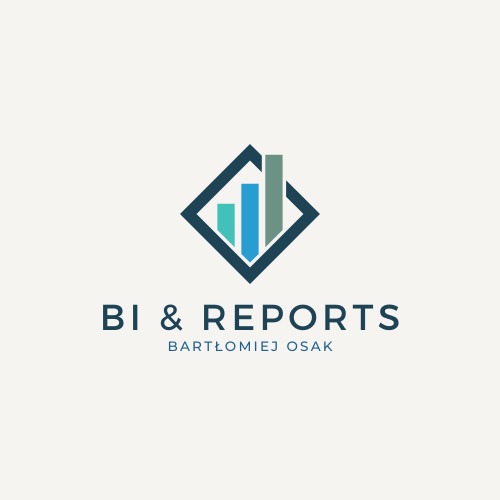 Logo firmy BI & REPORTS Bartłomiej Osak z symbolem graficznym słupków na wykresie w rombie.