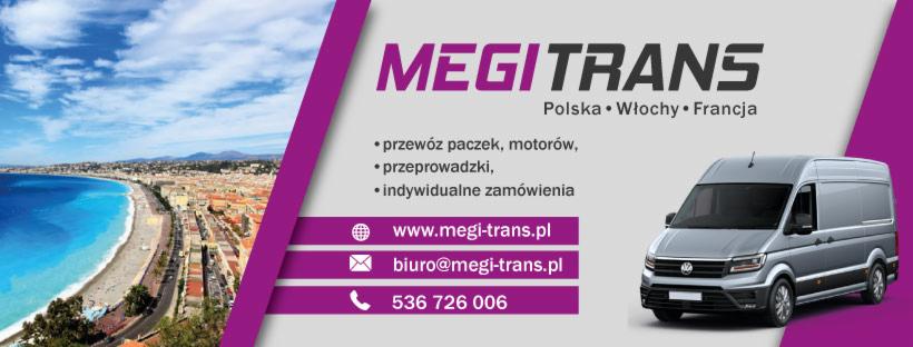Reklama firmy Megitrans oferującej transport do Polski, Włoch i Francji, z widokiem na Lazurowe Wybrzeże i szarym busem dostawczym.