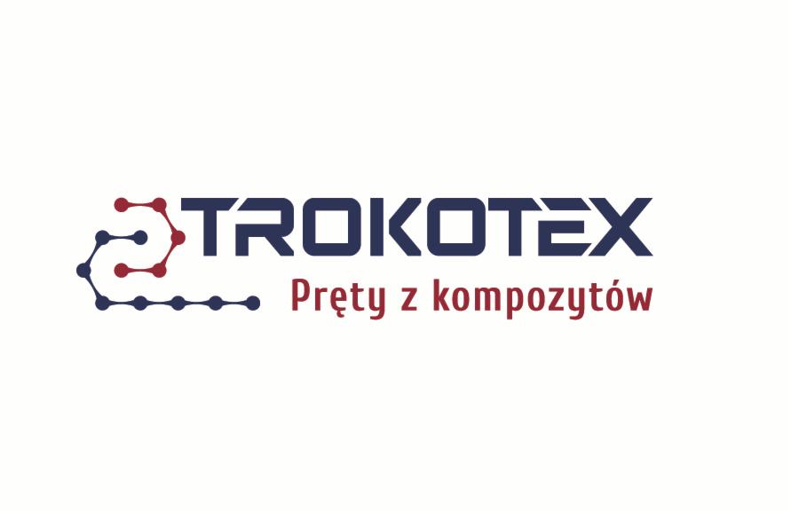 Logo firmy TROKOTEX prezentujące nazwę firmy w kolorze granatowym oraz slogan 'Pręty z kompozytów' w kolorze czerwonym, z graficznym symbolem łańcucha z kulkami w kolorach czerwonym i granatowym po...