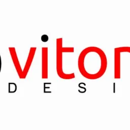 Logo firmy Vitoma Design z czarno-czerwonym symbolem graficznym i napisem na białym tle.