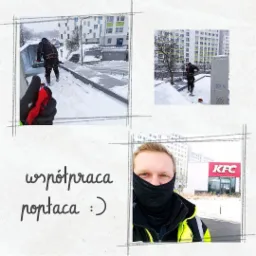 Pracownik w uprzęży na zaśnieżonym dachu budynku podczas śnieżycy, widok z góry na miasto, kolaż ze zdjęciem twarzy pracownika z zakrytą dolną częścią twarzy na tle restauracji KFC.