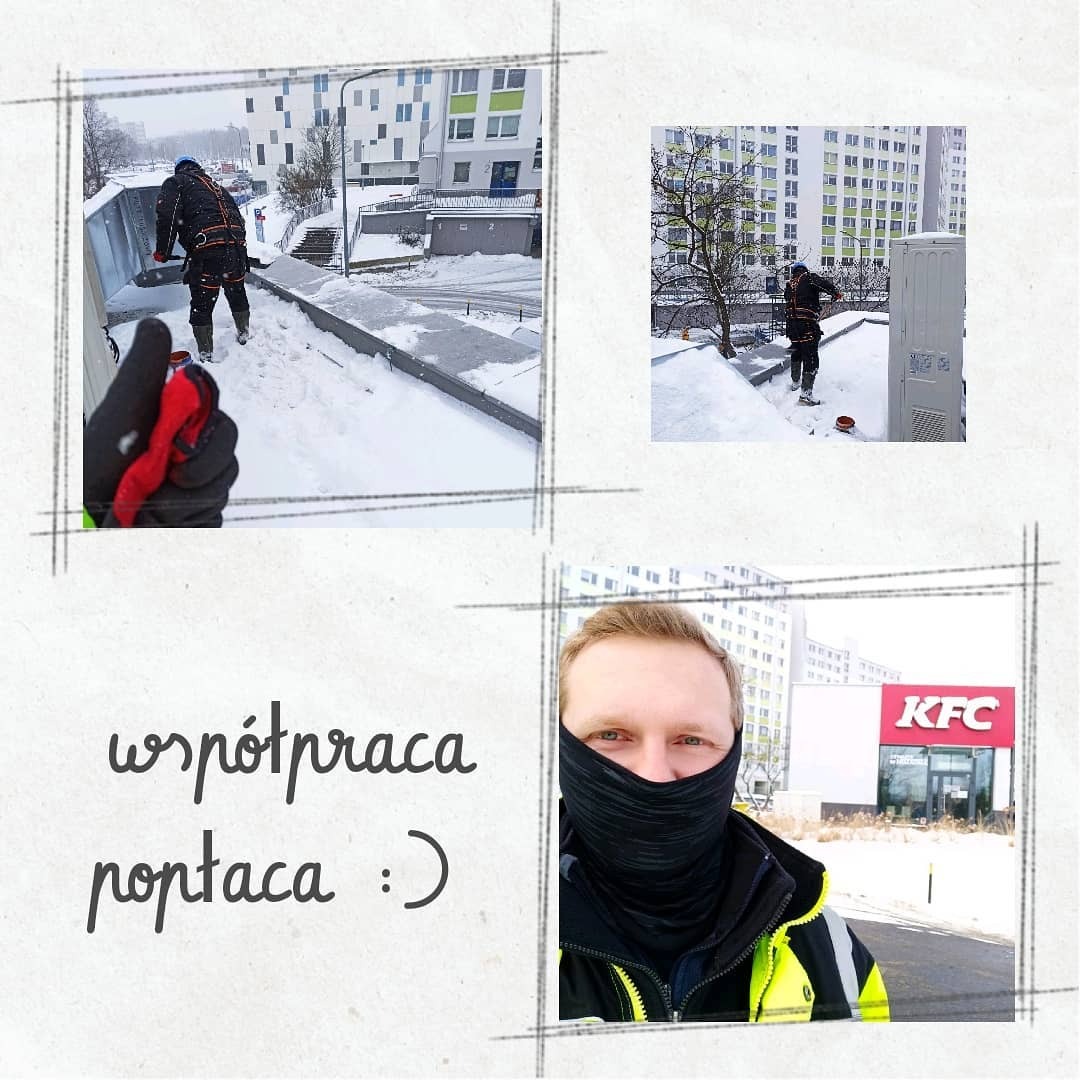 Pracownik w uprzęży na zaśnieżonym dachu budynku podczas śnieżycy, widok z góry na miasto, kolaż ze zdjęciem twarzy pracownika z zakrytą dolną częścią twarzy na tle restauracji KFC.