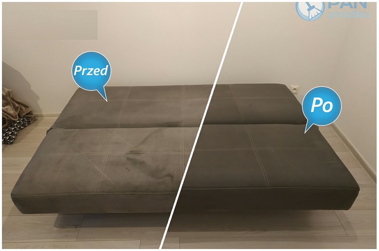 Kanapa z szarej tapicerki, widoczna połowa przed i połowa po czyszczeniu, z plamami po lewej stronie i czysta po prawej, z dymkami 'Przed' i 'Po'.