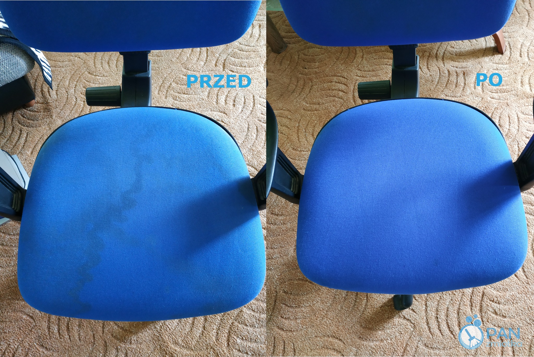 Porównanie fotela biurowego z niebieską tapicerką przed i po czyszczeniu, widoczne usunięcie plam i odświeżenie koloru.