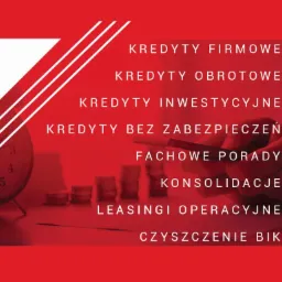 Grafika reklamowa w odcieniach czerwieni z białymi napisami dotyczącymi kredytów firmowych, obrotowych, inwestycyjnych, bez zabezpieczeń, fachowych porad, konsolidacji, leasingów operacyjnych...
