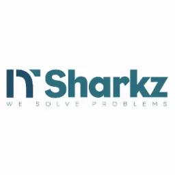 Logo firmy N'Sharkz z hasłem 'We Solve Problems' w odcieniach niebieskiego i turkusowego.