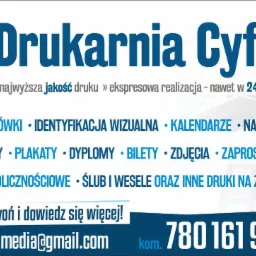 Reklama drukarni cyfrowej oferującej szeroki zakres usług: identyfikacja wizualna, kalendarze, zaproszenia, ulotki, wizytówki i inne druki na zamówienie.