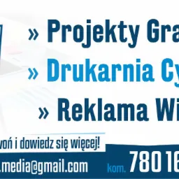 Reklama firmy graficznej Wuzel Design z hasłami: Projekty Graficzne, Drukarnia Cyfrowa, Reklama Wizualna, kontakt email i numer telefonu.