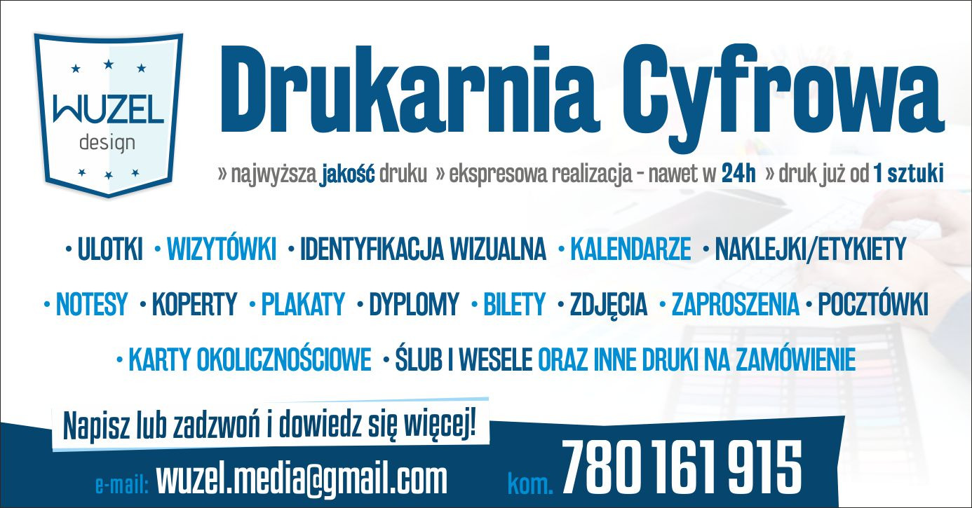 Reklama drukarni cyfrowej oferującej szeroki zakres usług: identyfikacja wizualna, kalendarze, zaproszenia, ulotki, wizytówki i inne druki na zamówienie.