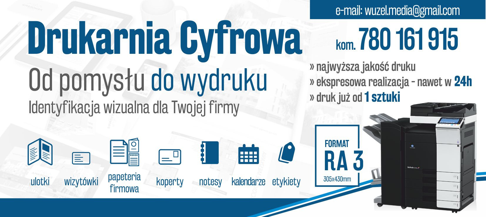 Kompozycja graficzna prezentująca ofertę drukarni cyfrowej, obejmująca przykładowe produkty jak ulotki, wizytówki, kalendarze, oraz nowoczesną maszynę drukarską.