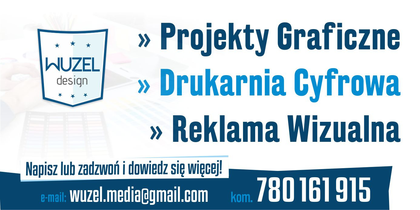 Reklama firmy graficznej Wuzel Design z hasłami: Projekty Graficzne, Drukarnia Cyfrowa, Reklama Wizualna, kontakt email i numer telefonu.