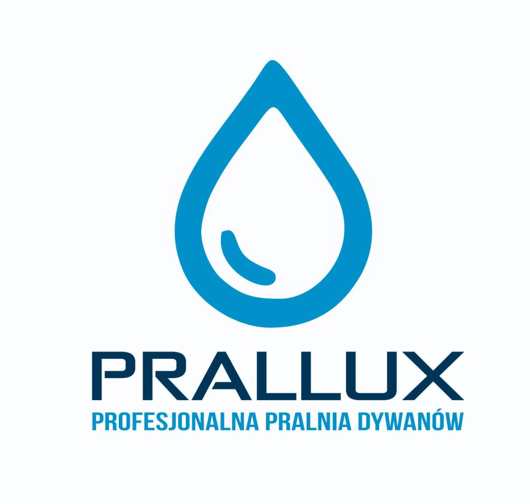 Logo firmy PRALLUX: niebieska kropla wody nad nazwą i hasłem 'Profesjonalna pralnia dywanów' na białym tle.