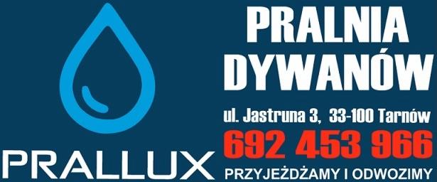 Reklama pralni dywanów Prallux z adresem i numerem telefonu, logo firmy w postaci niebieskiej kropli.