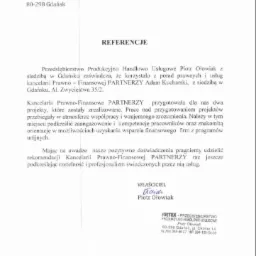 Skan referencji dla firmy Artex Piotr Ołowiak z Gdańska, wystawionych przez Kancelarię Prawno-Finansową PARTNERZY, potwierdzających korzystanie z porad prawnych i usług oraz przygotowanie projektów...