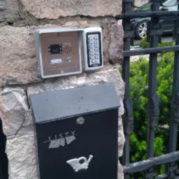 Domofon z kamerą i klawiaturą numeryczną zamontowany na kamiennej ścianie obok czarnej skrzynki na listy z symbolem poczty, widok z zewnątrz, ogrodzenie w tle.