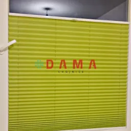 Zamknięta, jasnozielona osłona okienna typu harmonijka z widocznym logo 'DAMA Chojnice' na tle szyby okiennej.